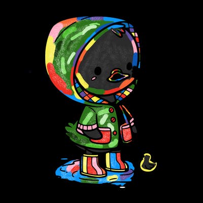 baby duck in a rain coat and boots, in a puddle while it’s raining