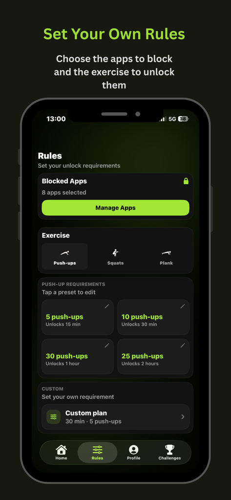 LockFit app screen showing custom rules to unlock blocked apps by performing exercises like push-ups and squats