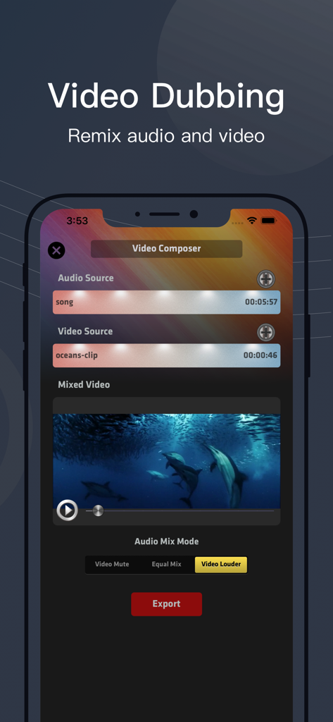 SoundLab - Audio Editor - Interface of SoundLab app showing video dubbing and audio mixing features on an iPhone screen