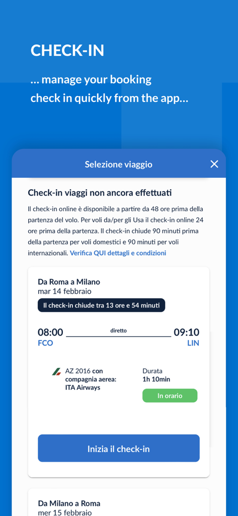 ローマとミラノ間の旅行のフライトチェックインの詳細を表示するITA Airwaysのモバイルアプリ画面