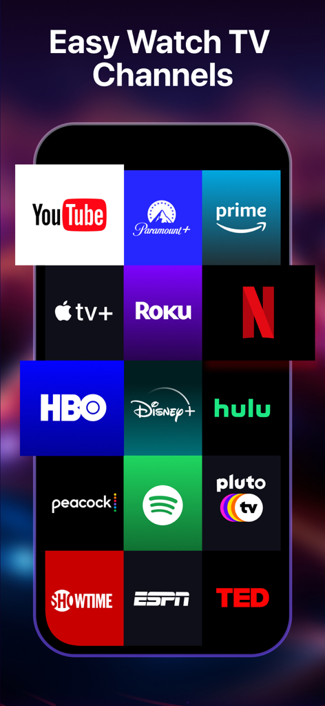 Interfaz de la aplicación Smart Remote mostrando una cuadrícula de logotipos de servicios de streaming como Netflix, Disney Plus y YouTube