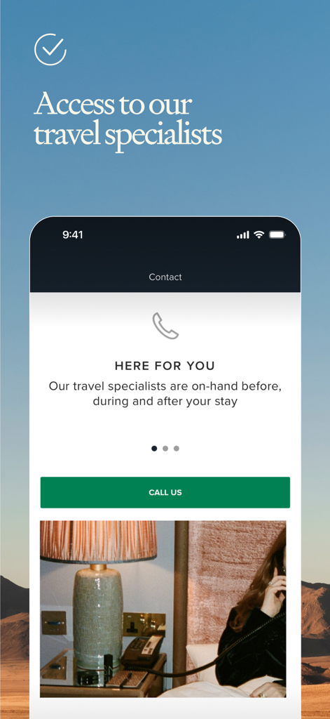 Mr and Mrs Smith app screen showing access to travel specialists with a call button.