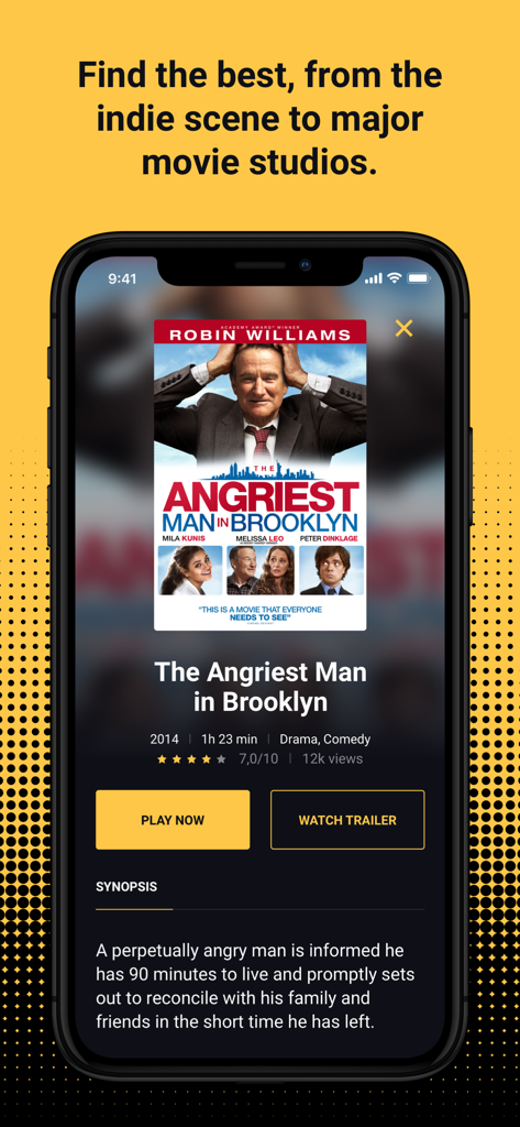 Tela do aplicativo móvel Filmzie mostrando detalhes do filme e botão de reprodução para The Angriest Man in Brooklyn.