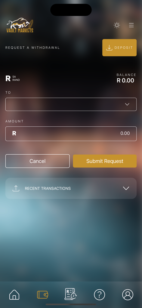 Vault Markets - Vault Markets mobile app screen for requesting a fund withdrawal showing balance and amount input fields