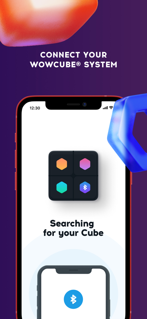 Interfaz de la aplicación WOWCube Connect buscando un dispositivo de cubo a través de conexión Bluetooth.