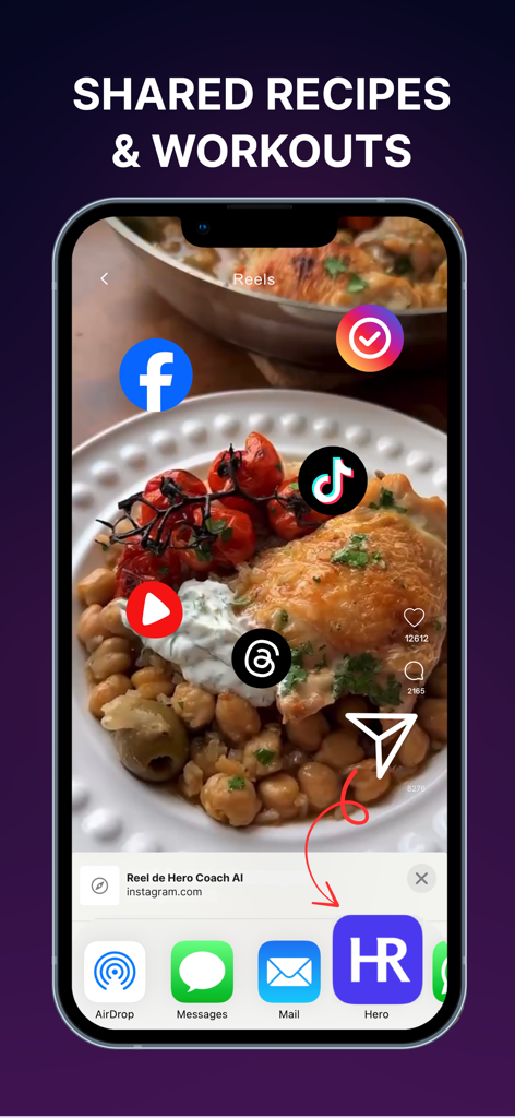 Hero - Coach AI - Smartphone screen showing how to import recipes and workouts from social media platforms like Instagram and TikTok directly into the Hero Coach AI app