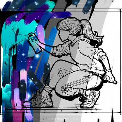 spay painter spraying on wall. wearink nike shoes. female