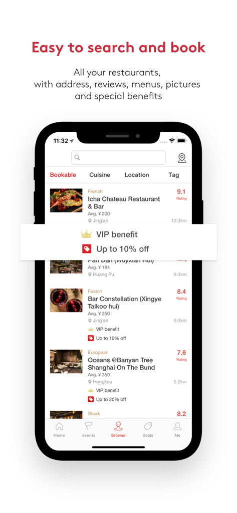 DiningCity mobile app interface showing a list of luxury restaurants in Asia with ratings and discounts