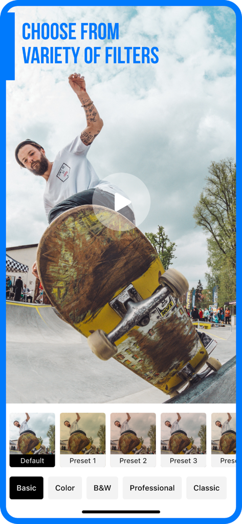 Add Music to Video :cut editor - A mobile video editor interface showing different filter presets for a skateboarding clip.