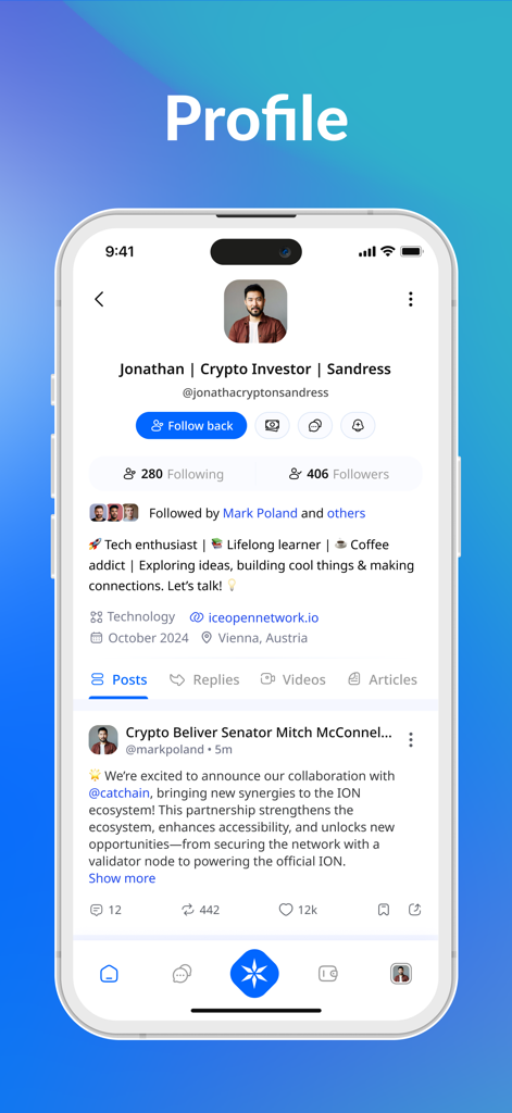 Eine Benutzerprofilseite in der Online+-Social-Media-App mit Biografiedetails und Beitragsfeed.
