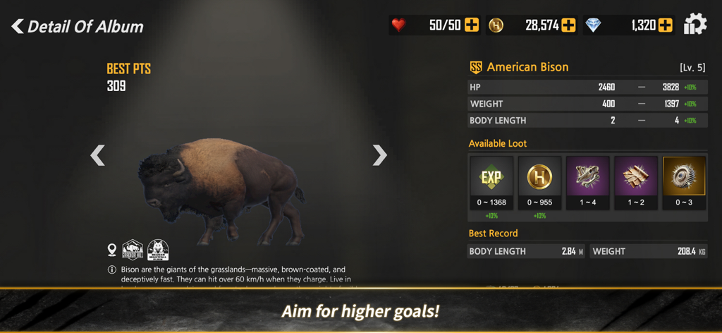 Hunt And Hook:Frontier - Detailed album view of an American Bison showing stats and loot rewards in Hunt and Hook Frontier