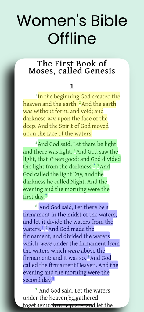 Women's Bible app - Womens Bible app interface showing highlighted verses from Genesis in different colors