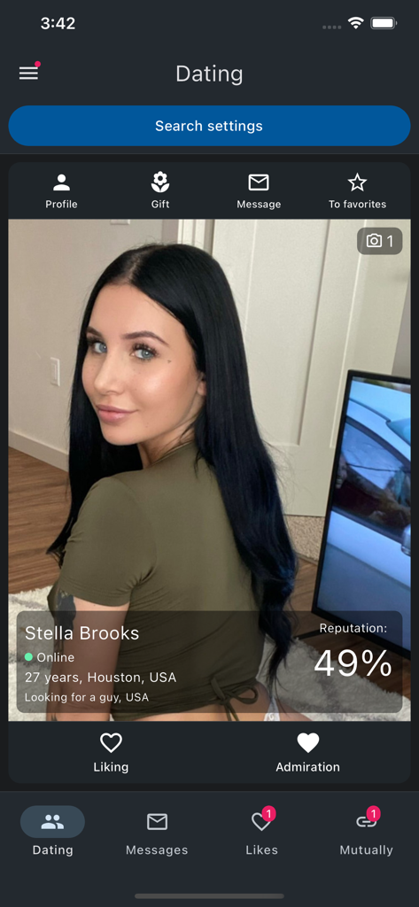 InDating - Dating and Chat - User profile page on InDating dating app showing a member profile with reputation percentage