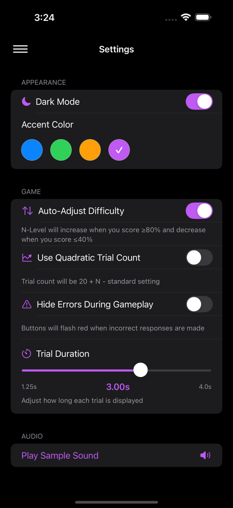 Tela de configurações do aplicativo Dual-N-Back mostrando opções para aparência em modo escuro e personalização da dificuldade do jogo.