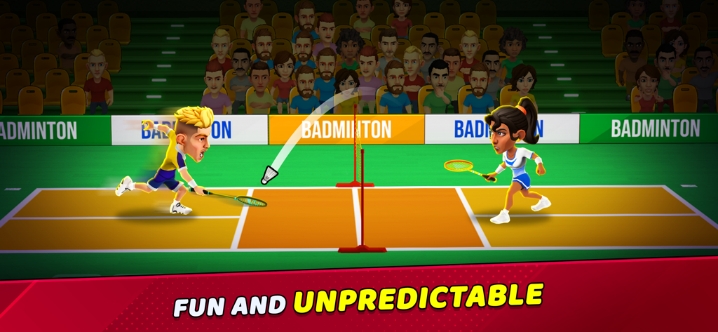 Badminton Clash 3D - Two players competing in a 1v1 badminton match in a crowded arena.