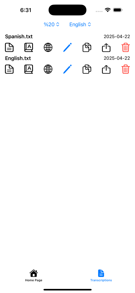 Transcribe , Audio To Text - Transcriptions history screen showing saved text files and management icons in the Transcribe app