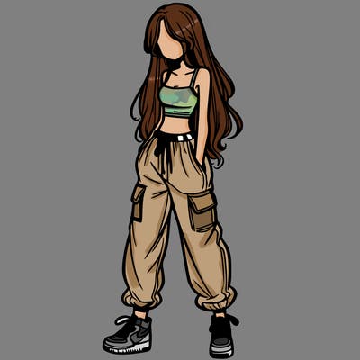 girl in baggy pants crop top and long hair