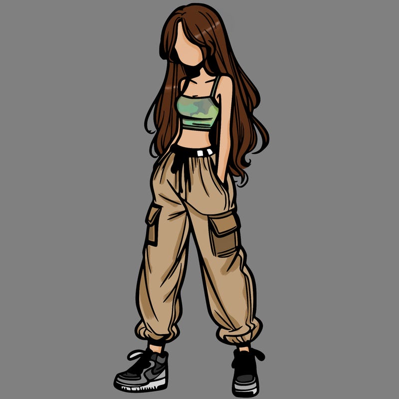 girl in baggy pants crop top and long hair