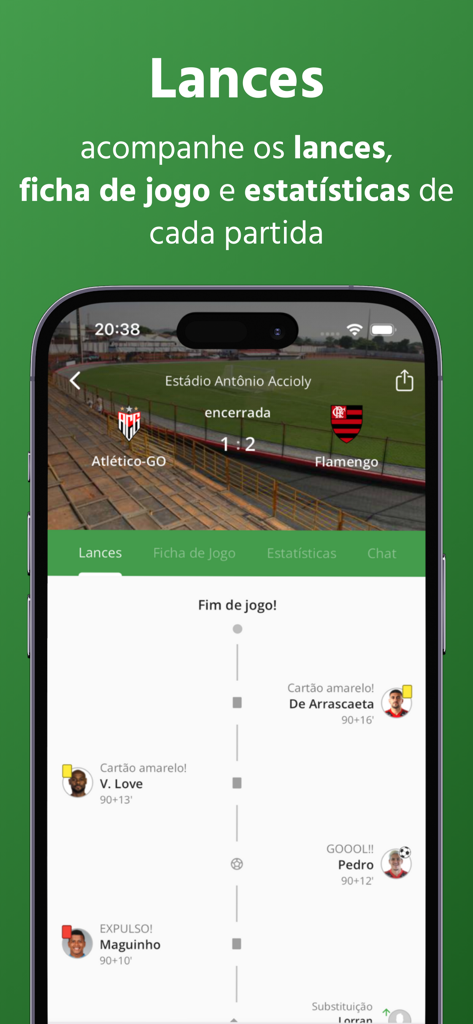 Futebol Hoje - Onde assistir - Interface do aplicativo Futebol Hoje mostrando a linha do tempo de lances, gols e cartoes de uma partida de futebol