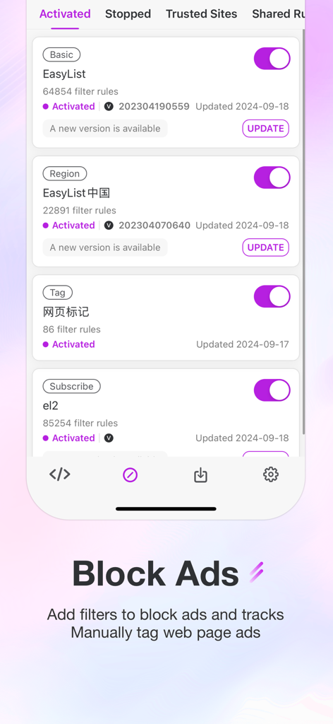 Interfaccia di blocco annunci di Stay for Safari che mostra liste di filtri come EasyList e impostazioni di tagging manuale.