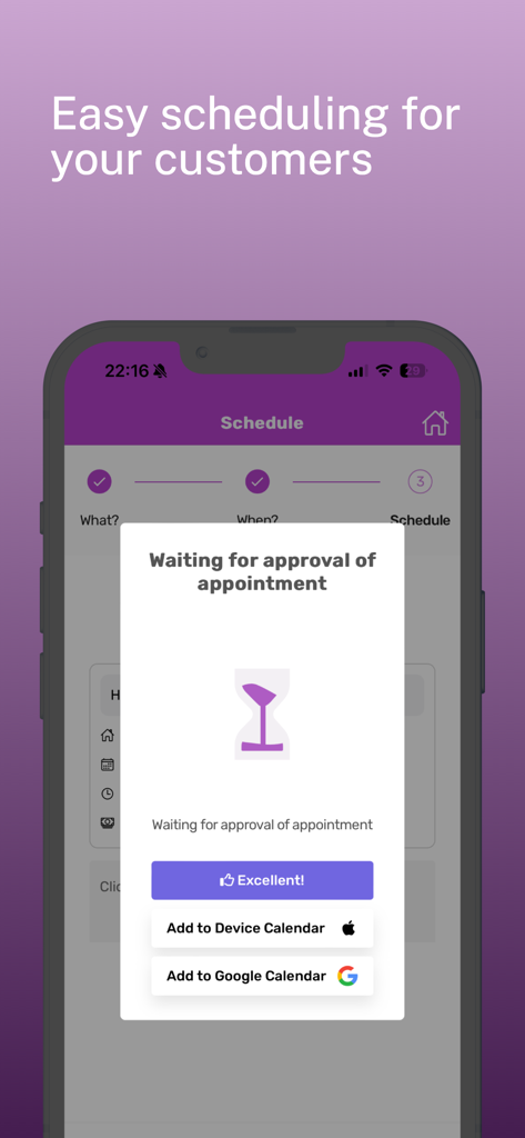 Dibs - Appointment Scheduling - 캘린더 동기화 옵션이 있는 예약 승인을 기다리는 화면을 보여주는 Dibs 앱 인터페이스