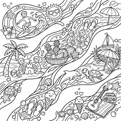Unleash your creativity with this vibrant summer-themed coloring page, intricately designed with flowing aurora patterns. Discover playful beach scenes, tropical fruits, and joyful outdoor fun, perfect for all ages to enjoy.