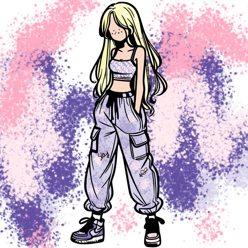 girl in baggy pants crop top and long hair