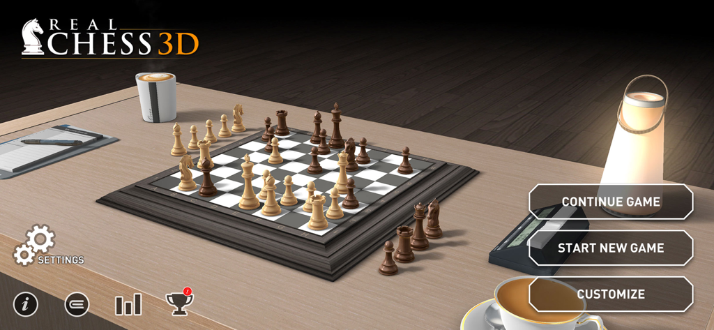 Immersive 3D chessboard on a wooden desk with a coffee cup and menu options in Real Chess 3D