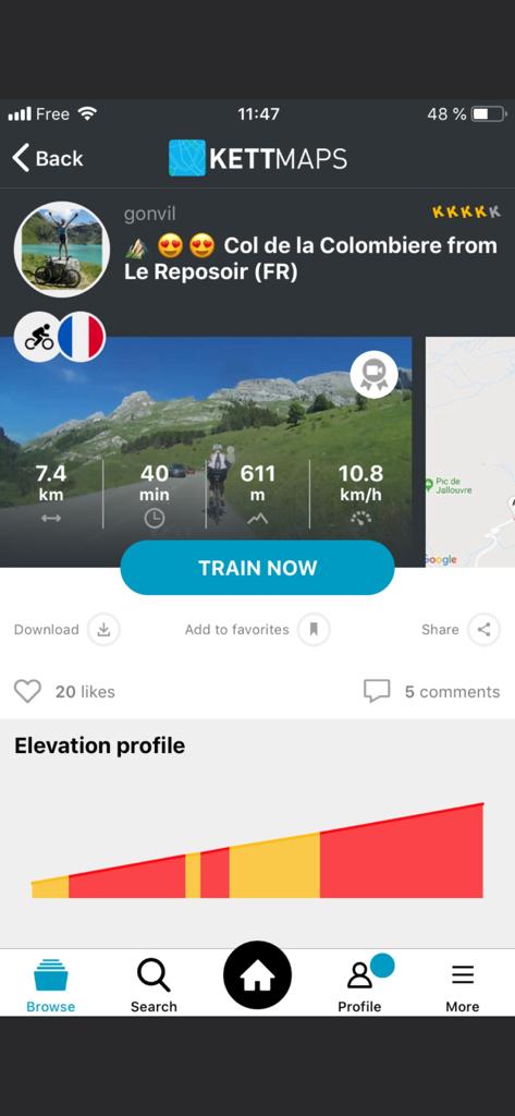 KETTMaps - KETTMaps mobile app interface showing a virtual cycling route detail with elevation profile and training statistics