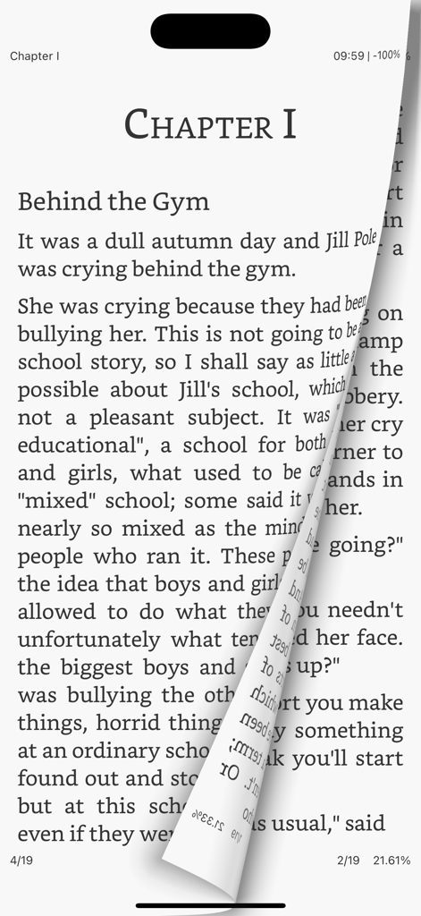 ePub Reader - Powerful - Mobile ebook reader interface showing a 3D page turn effect