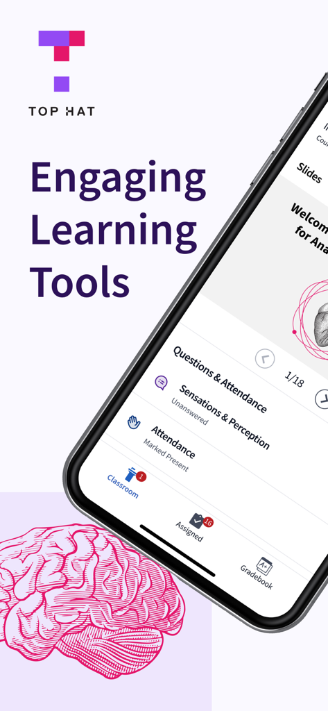 Top Hat education app interface on a smartphone displaying classroom participation and attendance features.