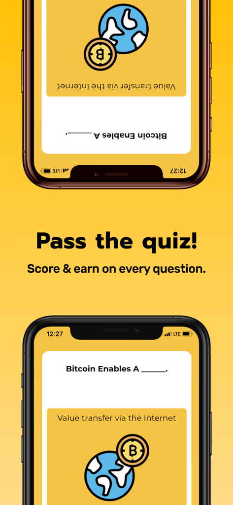 Simple Bitcoin: Learn & Earn - Simple Bitcoinアプリのモバイルインターフェース。インターネット経由での価値移転に関するクイズの質問と、ゲーミフィケーションされた学習と獲得のテーマを表示しています。