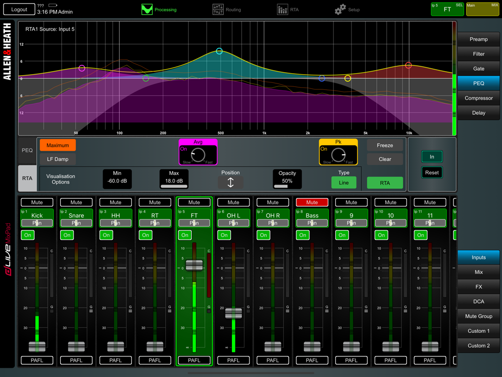 dLive MixPad professional audio mixing interface with PEQ graph and channel faders