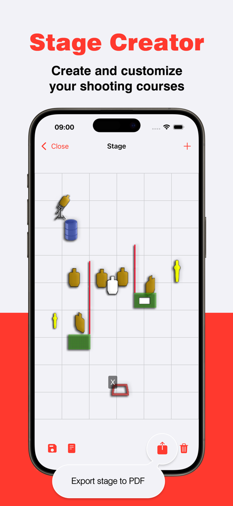 Shoot utilities IPSC - USPSA - Interface of the Stage Creator feature in the Shoot Utilities app showing a grid for designing shooting course layouts.