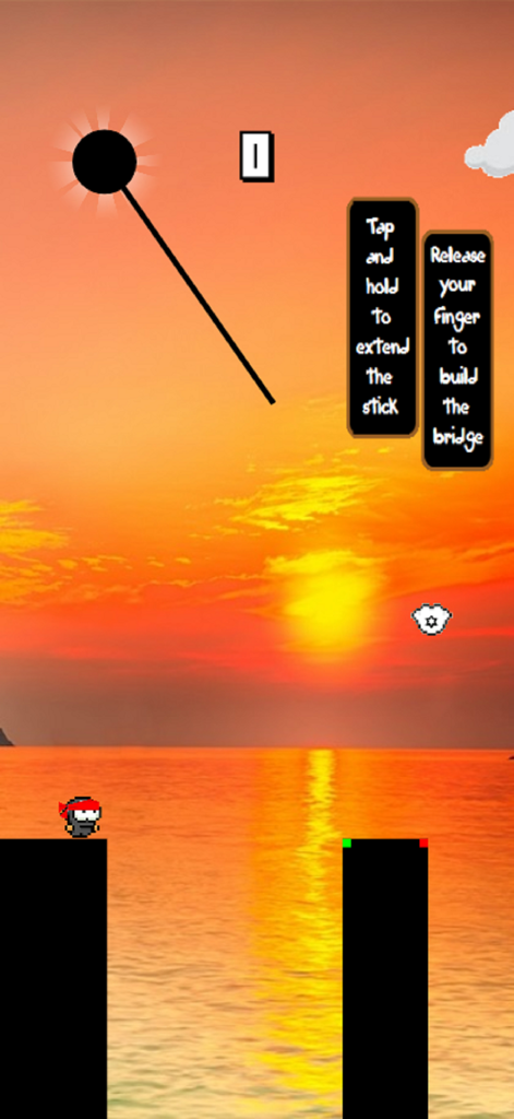 Stick Ninja - Stick Ninja character extending a bridge over a sunset ocean background with on screen instructions