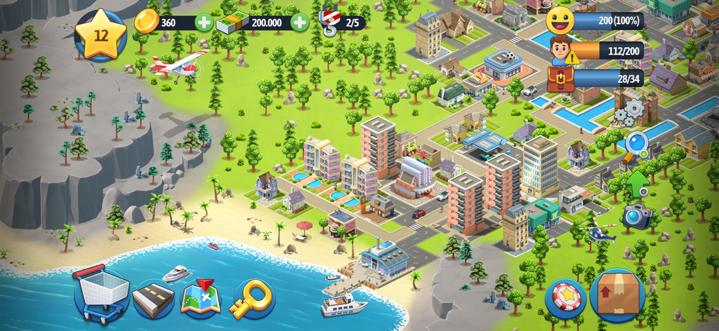 Captura de pantalla del juego de City Island 6 que muestra un pueblo costero con edificios residenciales, un puerto y árboles frondosos.