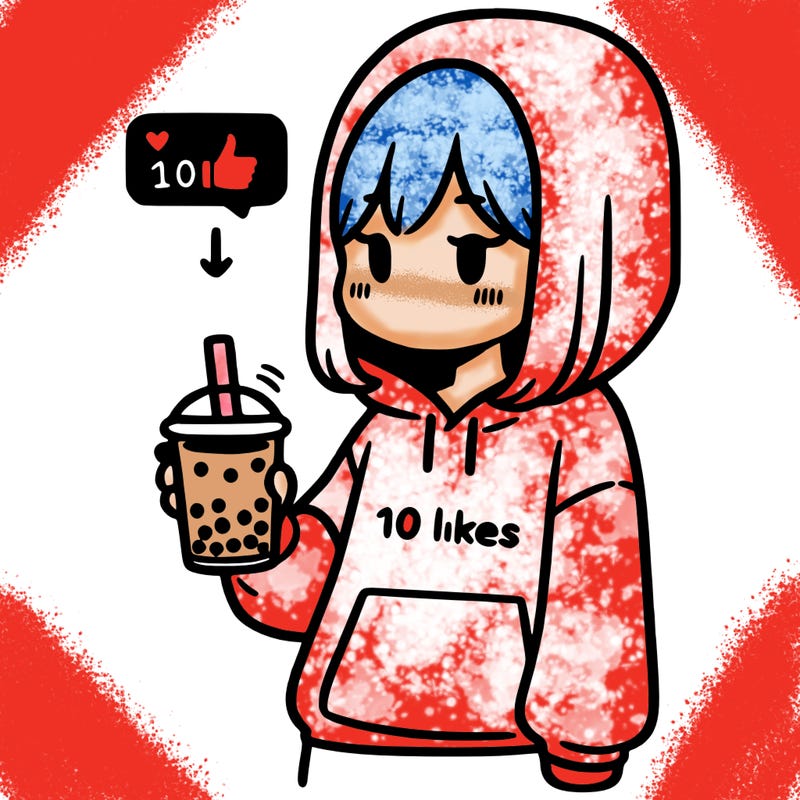 girl with boba has a hoddie and some that says 10 likes