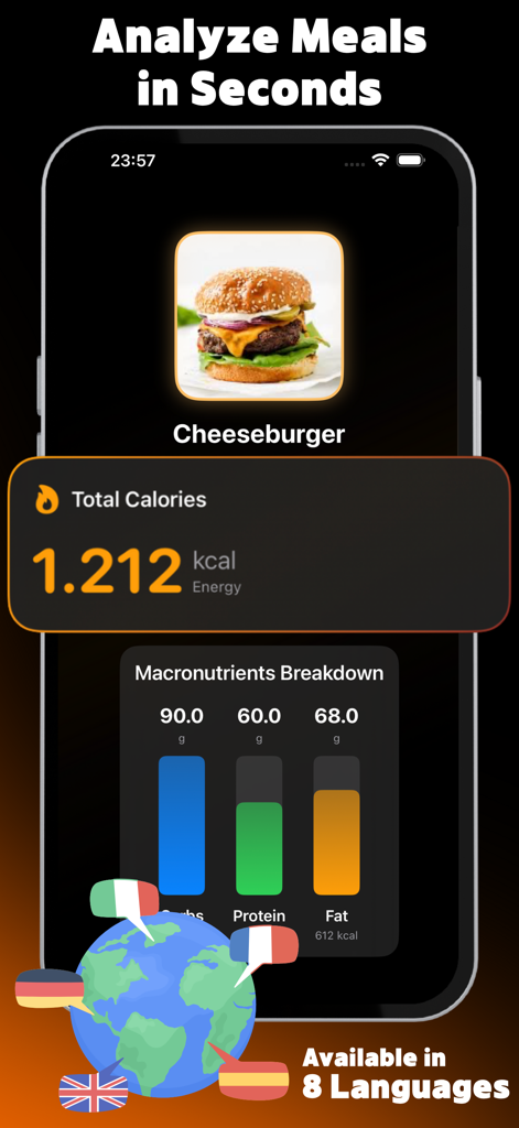 Calio: AI Calorie Tracker - KI-Lebensmittelsuchgerät-Oberfläche zeigt Kalorien- und Makroanalyse für einen Cheeseburger