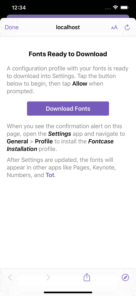 Fontcase - Manage Your Type - Screen showing instructions to download and install custom font profiles in Fontcase