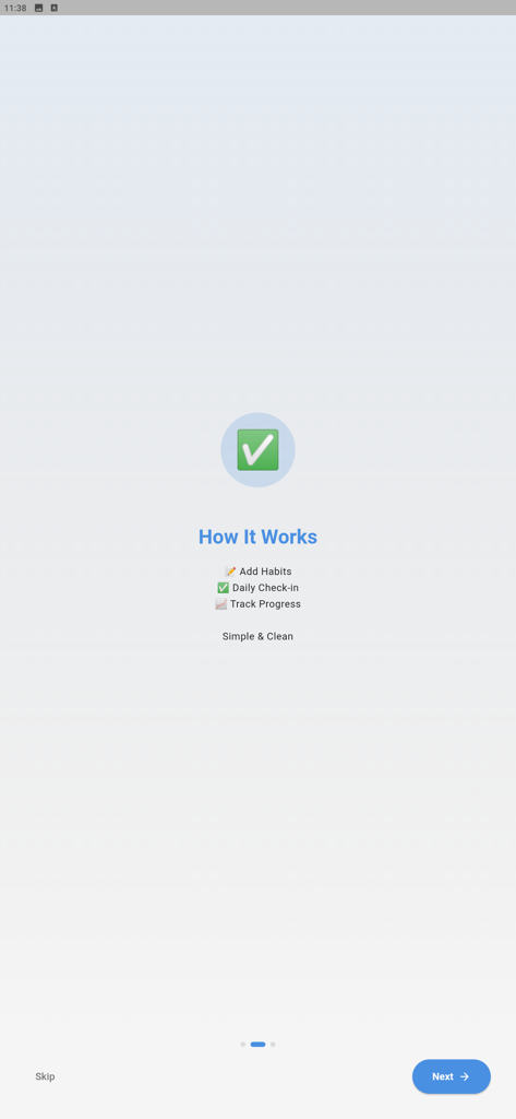 Habit Streak : Tracker - Una pantalla de incorporación minimalista para la aplicación Habit Streak que explica los sencillos pasos para rastrear hábitos diarios.