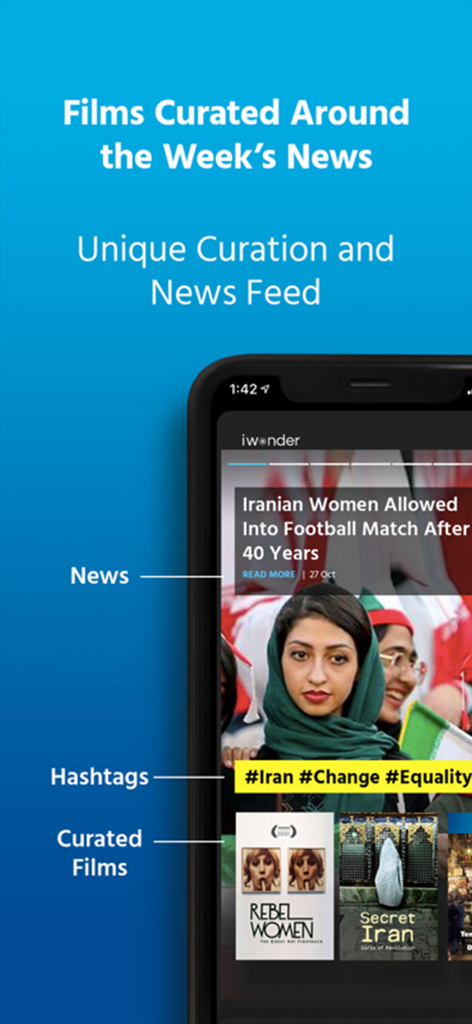 iwonder: watch documentaries - 최신 뉴스 헤드라인 및 해시태그를 기반으로 큐레이션된 다큐멘터리 영화를 보여주는 iwonder 앱 인터페이스