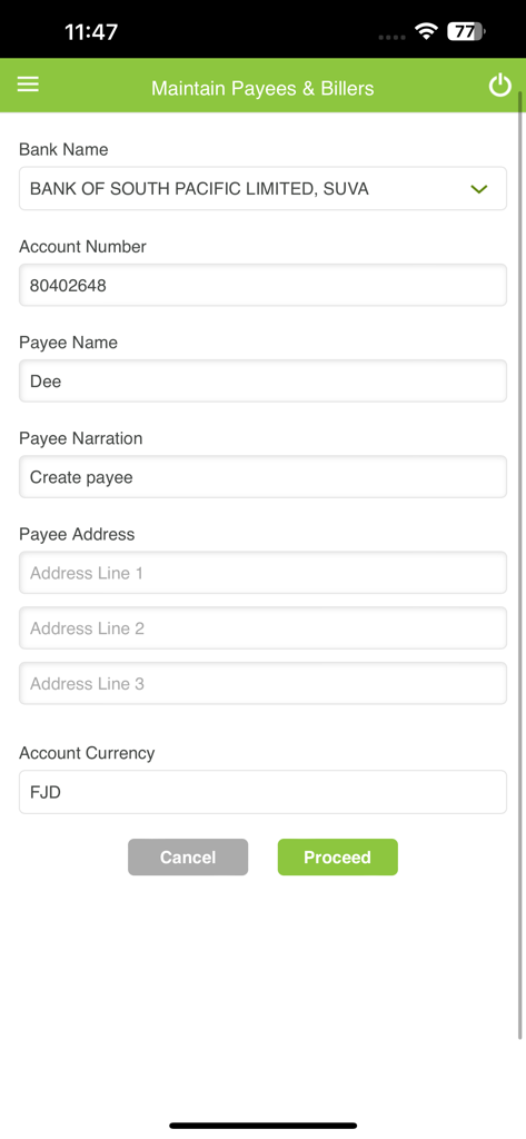 BSP Fiji Mobile Banking - BSP Fiji mobile banking app screen for maintaining payees and billers