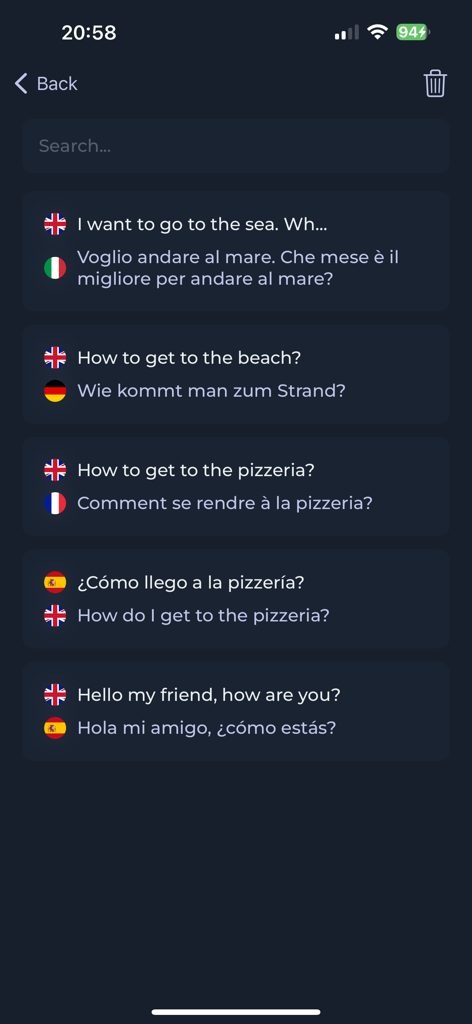 Talking Translator: Voice,Text - Una pantalla que muestra el historial de traducciones en la aplicación Talking Translator con frases en inglés, italiano, alemán, francés y español.