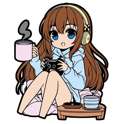 anime girl drinking coffee playing xbox