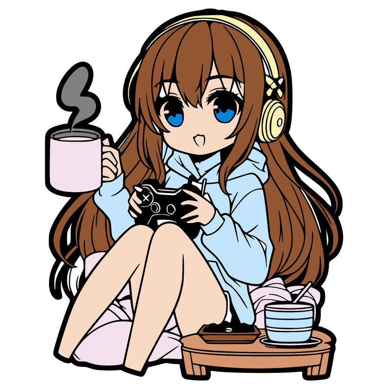 anime girl drinking coffee playing xbox