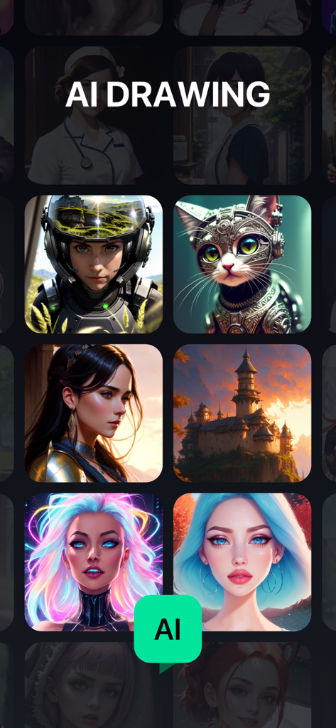Chatify - AI Chat - A gallery of diverse AI-generated digital art including portraits of futuristic characters and landscapes