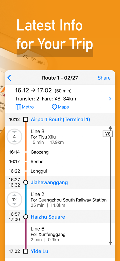 Guangzhou metro route details from Airport South to Yide Lu showing travel time and fare in English