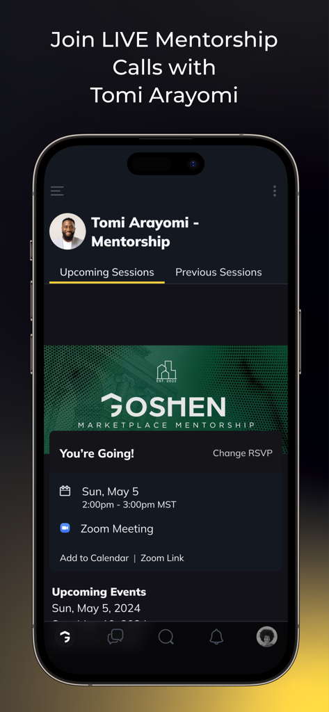Goshen - A mobile screen from the Goshen app showing upcoming live mentorship sessions and event registration details.