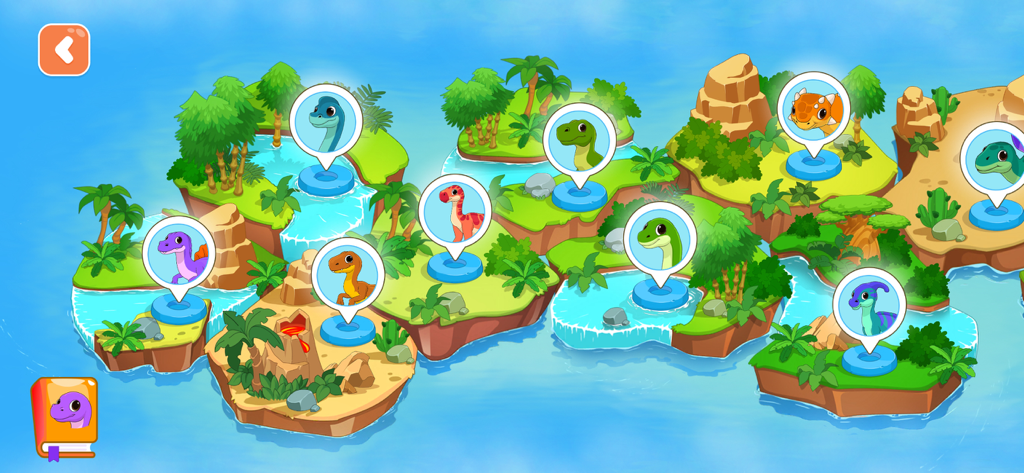 A colorful cartoon map of various islands featuring different dinosaurs for kids to select levels