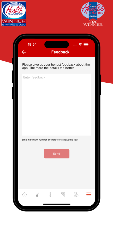 Schermata di invio feedback per l'app Blood Cancer United Health con una casella di testo e un pulsante di invio.
